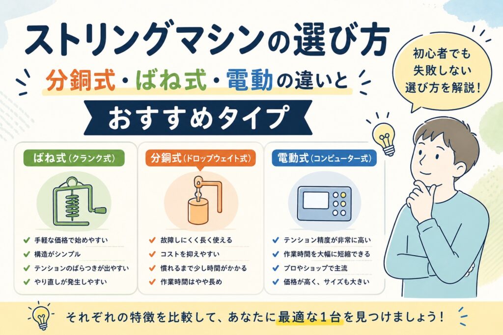 ストリングマシンの選び方｜初心者はどれを選ぶ？分銅式・ばね式・電動の違いを解説